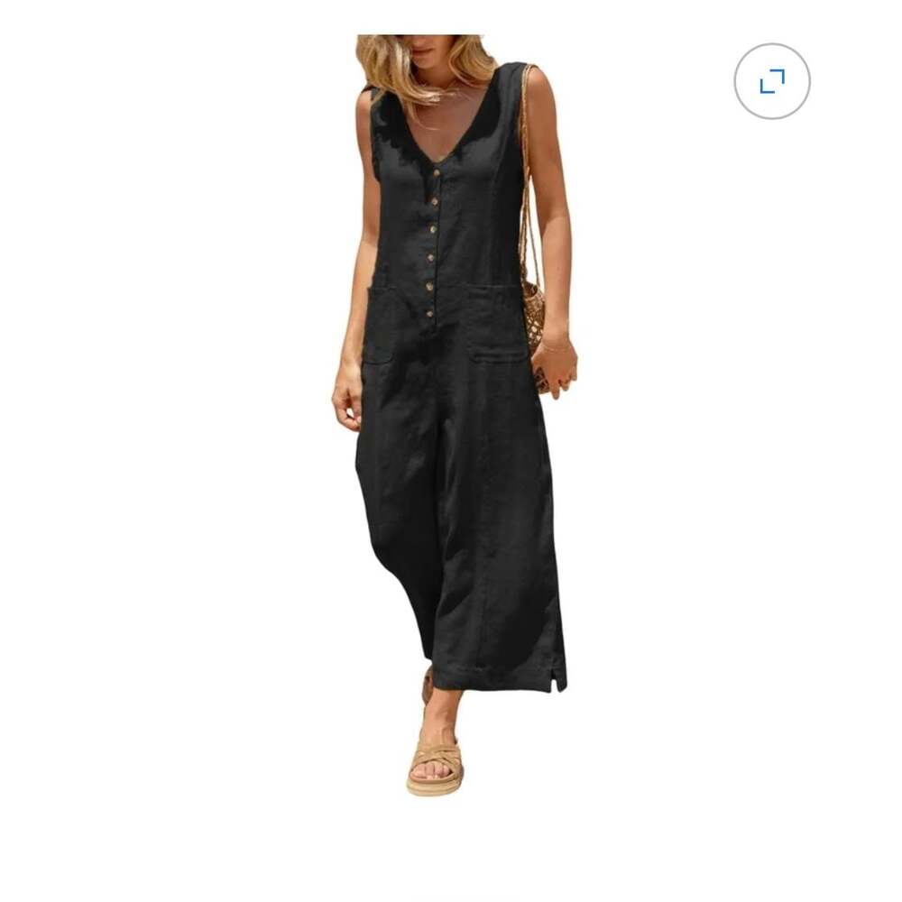 Women's Sleeveless Cotton Linen Blend V-Neck Button-Down Wide-Leg Jumpsuit - Picture 2 of 15